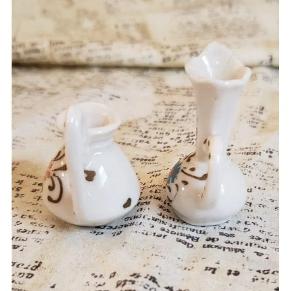 Artsy, Cottagecore - 2 Vintage Mini Pitchers with Flowers and Dots on Handles